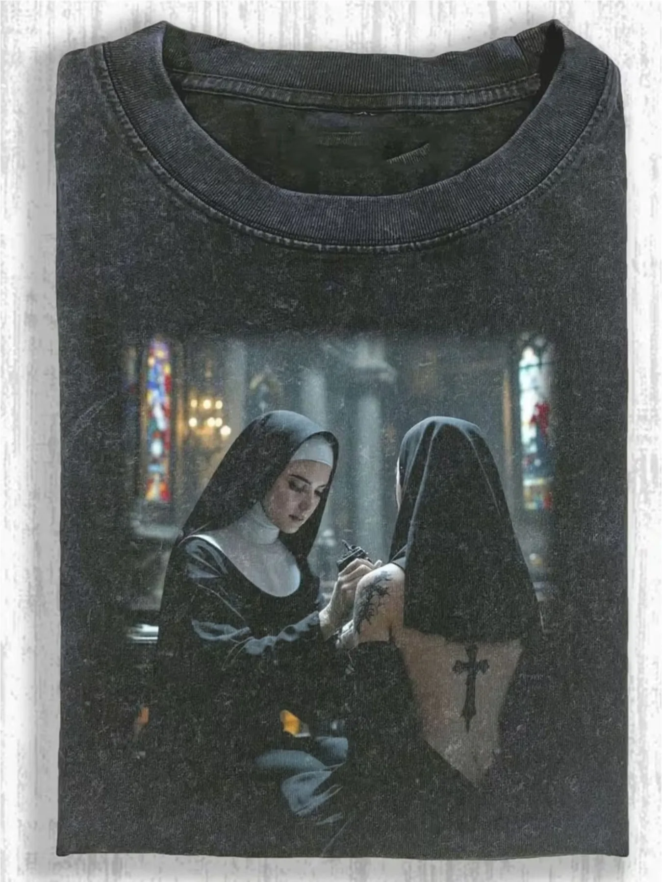 Dark Gothic-Style Tattooing Nuns Print T-Shirt Full of Rebellious Religious Forbidden Vibes Laid-Back and Edgy Streetwear Top