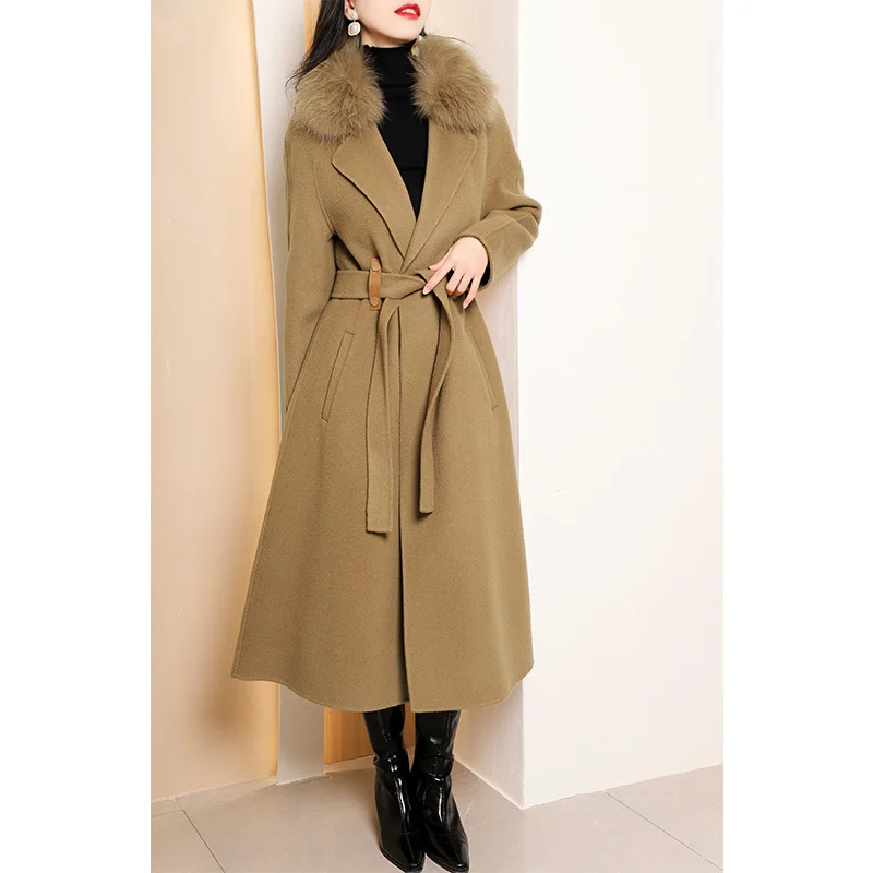 

2023 Woolen fur, Winter Women Long Cashmere Wool Blends Real Fur Coa Natural Fox Fur Collar maxi trench overcoats