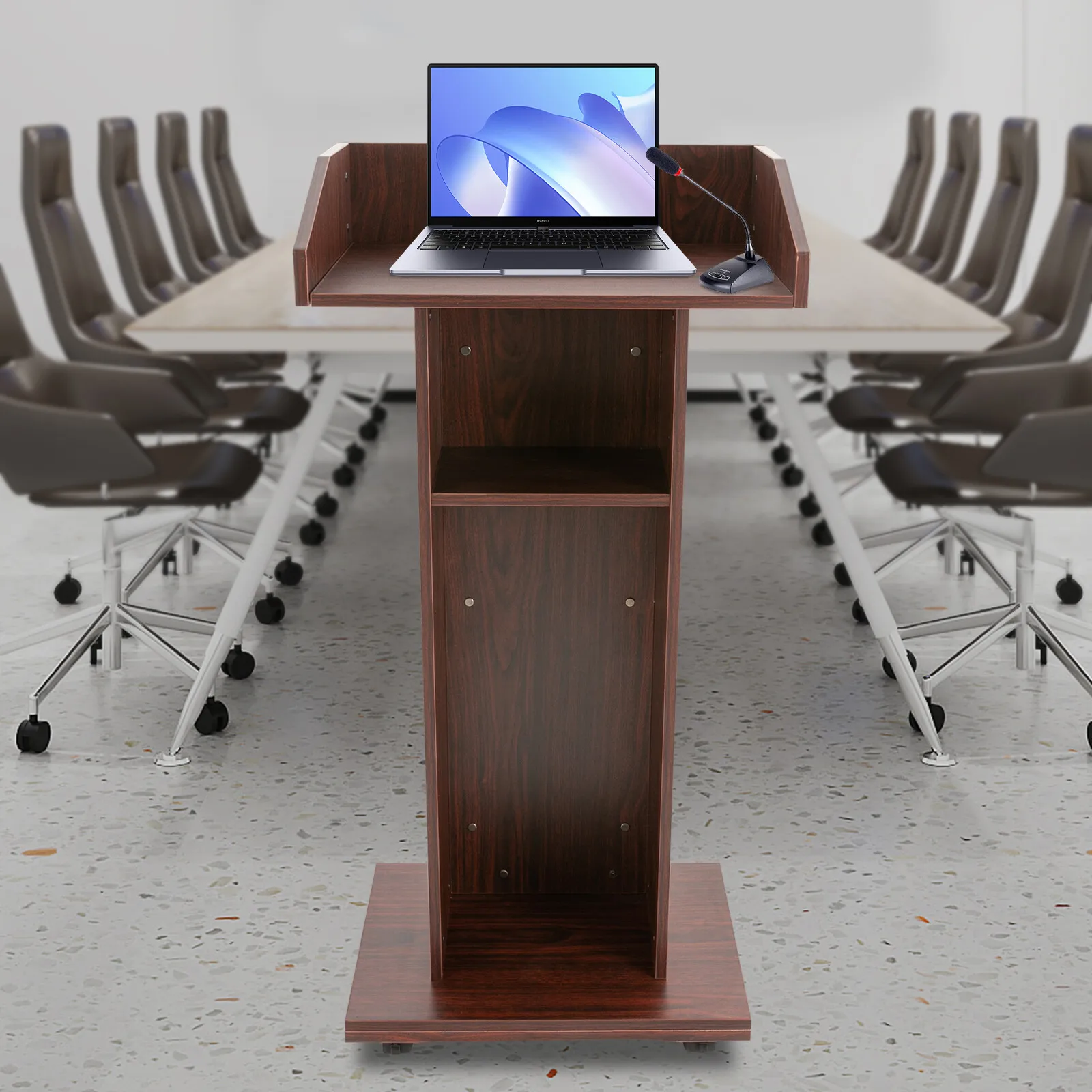 43.3 "x 22" x 15.3 "púlpito ajustável para sala de aula e conferência - pódio portátil de aço com rodízios, tampo de madeira maciça