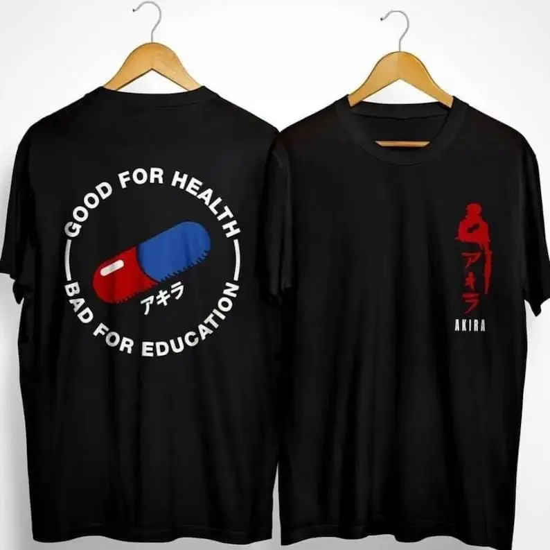 Akira Anime Enthusiasts' Delight: Akira Good for Health Bad for Education T-Shirt with Tetsuo Flair