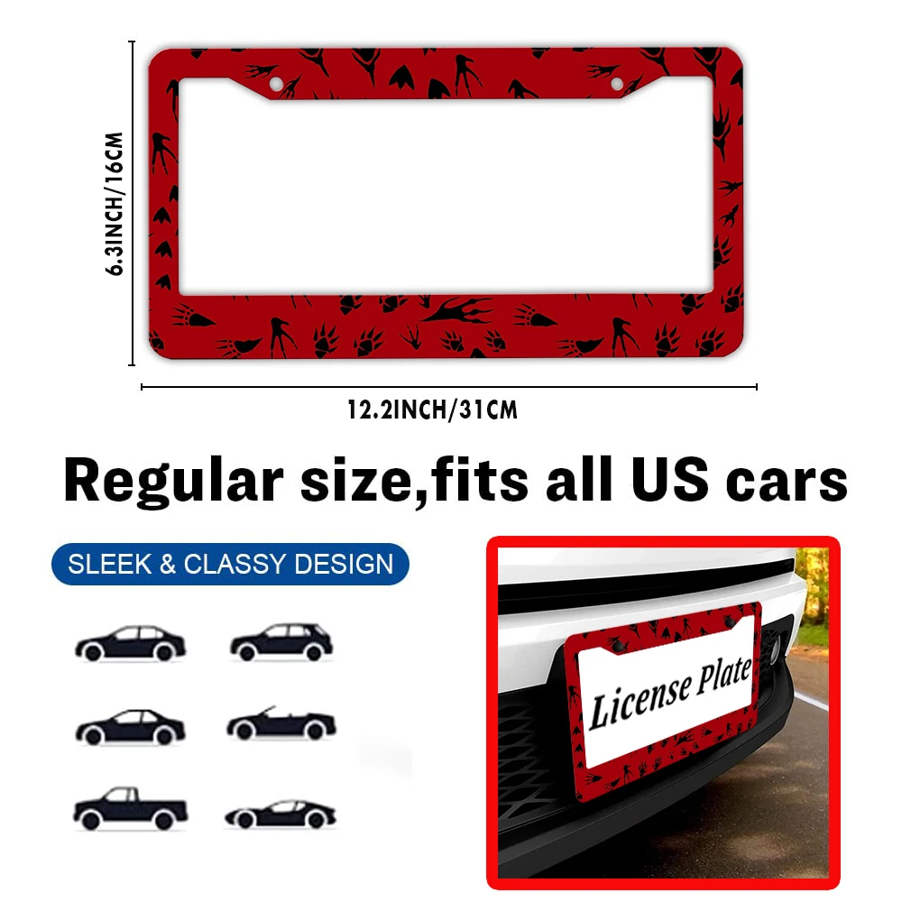 إطار لوحة ترخيص لتزيين السيارة باللون الأحمر مع ديناصور - مثل مطبوعات مخالب، مادة الألومنيوم، فتحتين، مع طقم براغي #2