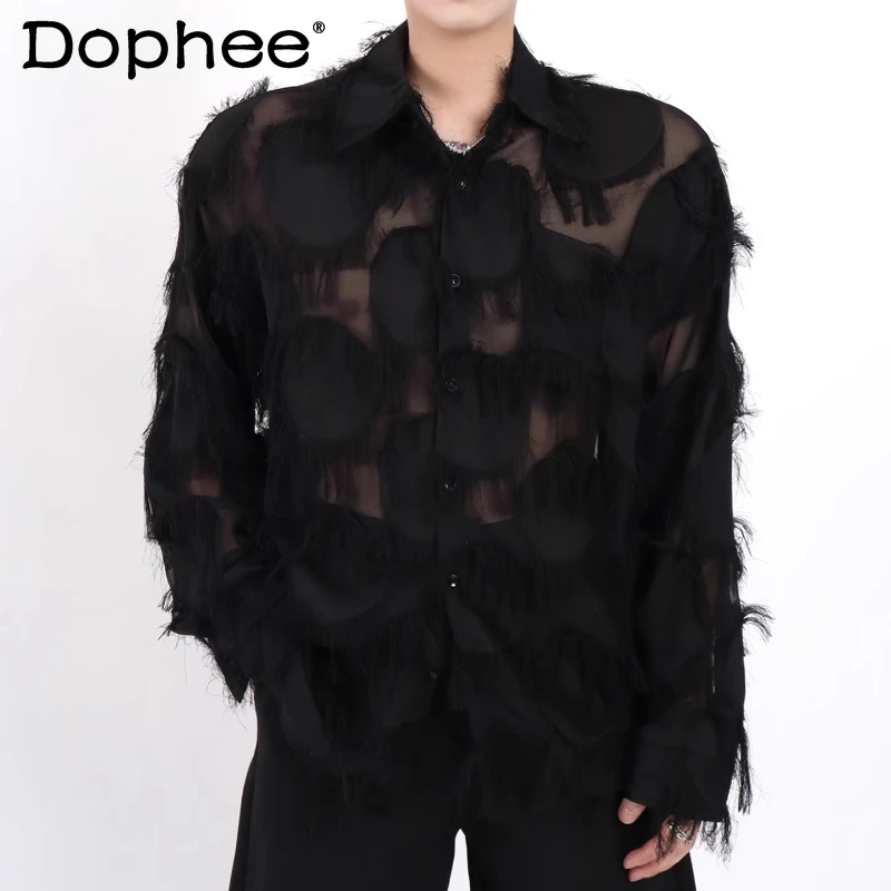 

Fashion Feather Tassels Shirts Men's 2025 Summer New Niche High-end Long-sleeve Shirts Male Handsome Loose Breathable Chic Tops