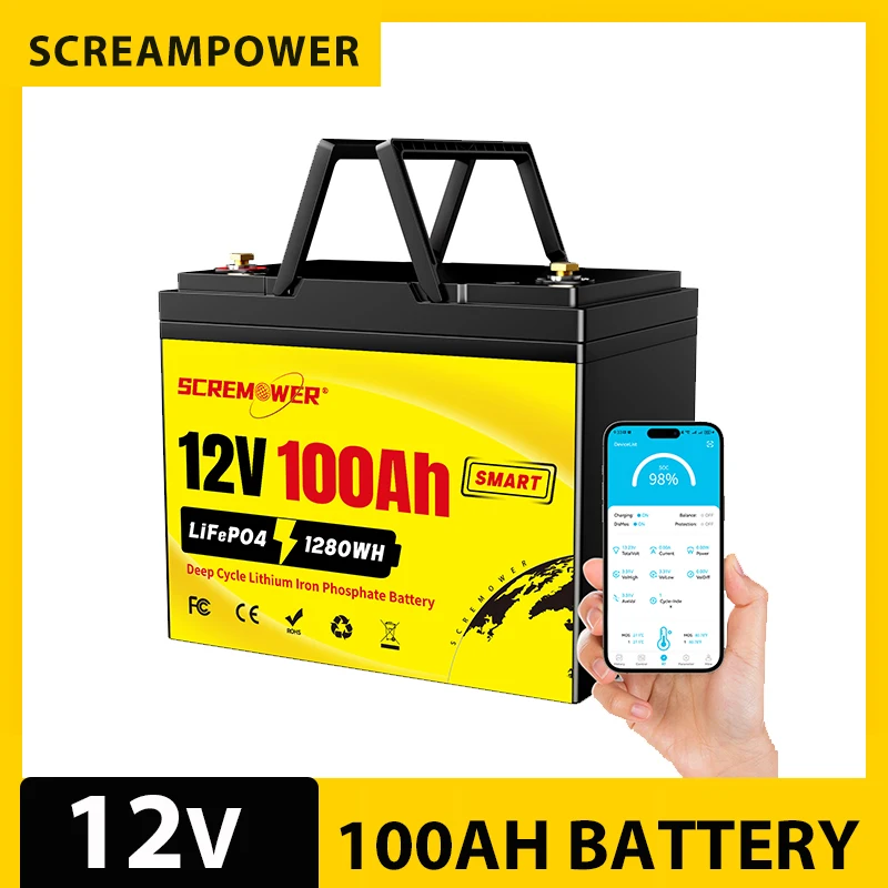 12V 100Ah LiFePO4 Lithium Battery,Low-Temp Protection,Built-in BMS,Deep Cycles Rechargeable Battery Life Great for Solar,Home