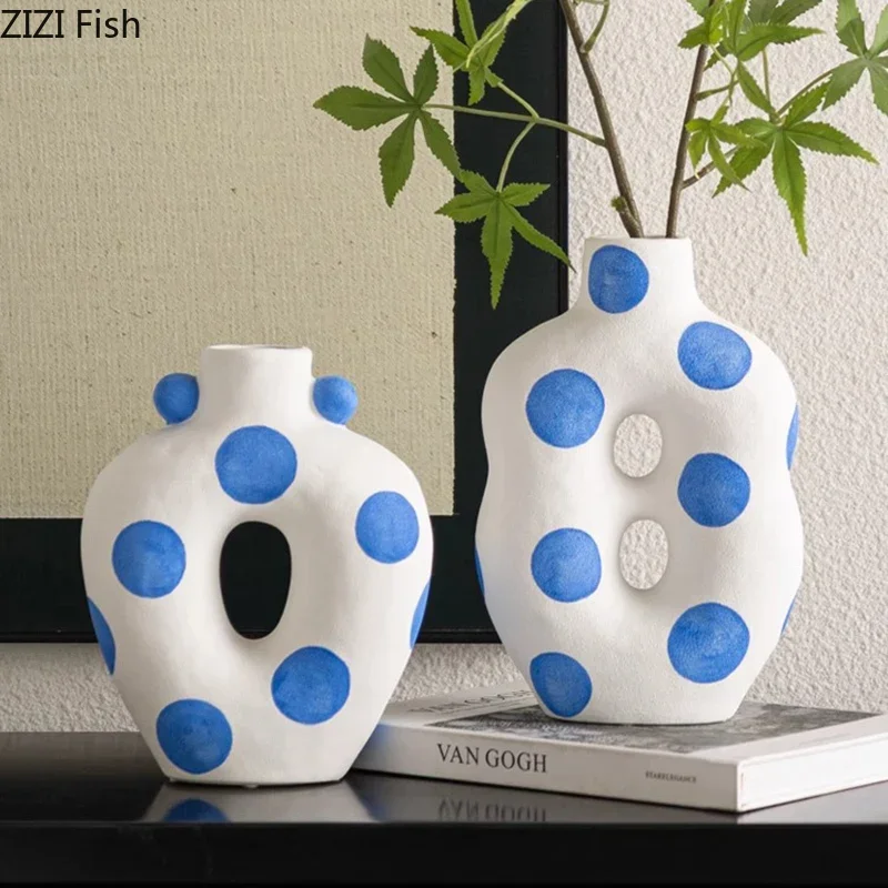 Blue Circular Dot Texture Ceramic Vase Flower Pots Desk Decoration Flower Arrangement Matte Floral Vases Room Aesthetic Decor