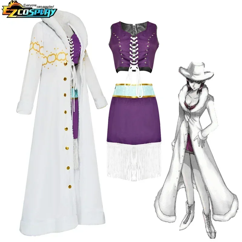Anime-inspiriertes Nico Robin Kostüm für Damen, lila Kleid, Uniform, langer Pelzkragen, weißer Umhang, Outfit für Halloween-Rollenspiele – Detail 4