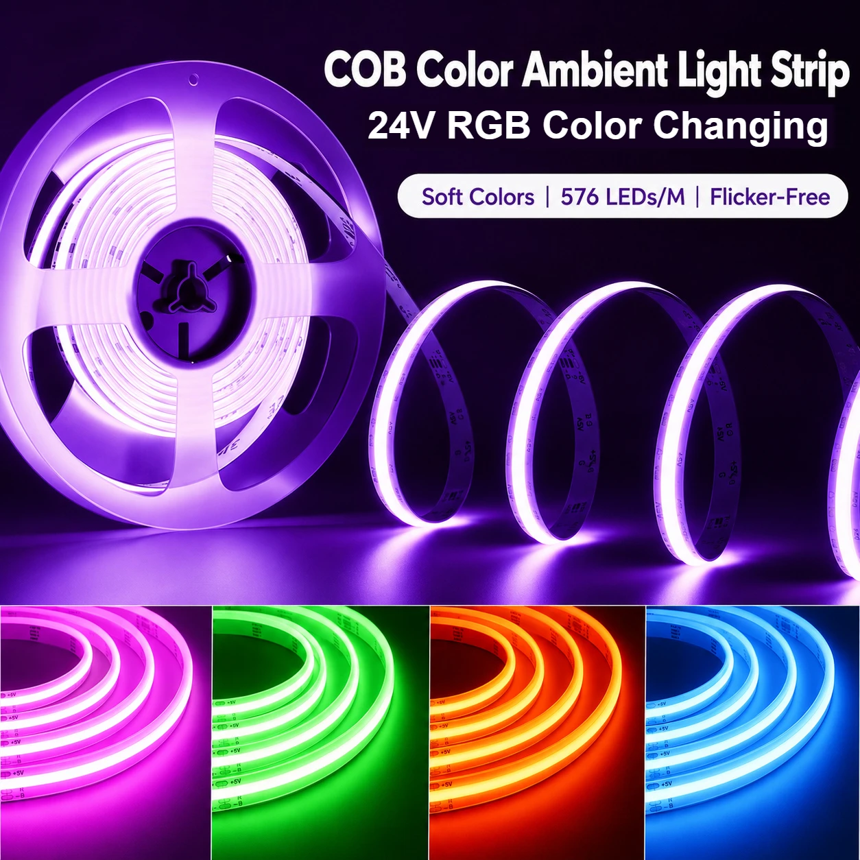 JOYINLED 24V RGB COB LED Strip Lights 5M 16.4FT 576 LEDs/m High Density Flexible Color Changing Tape for Bar TV Home Decor Light