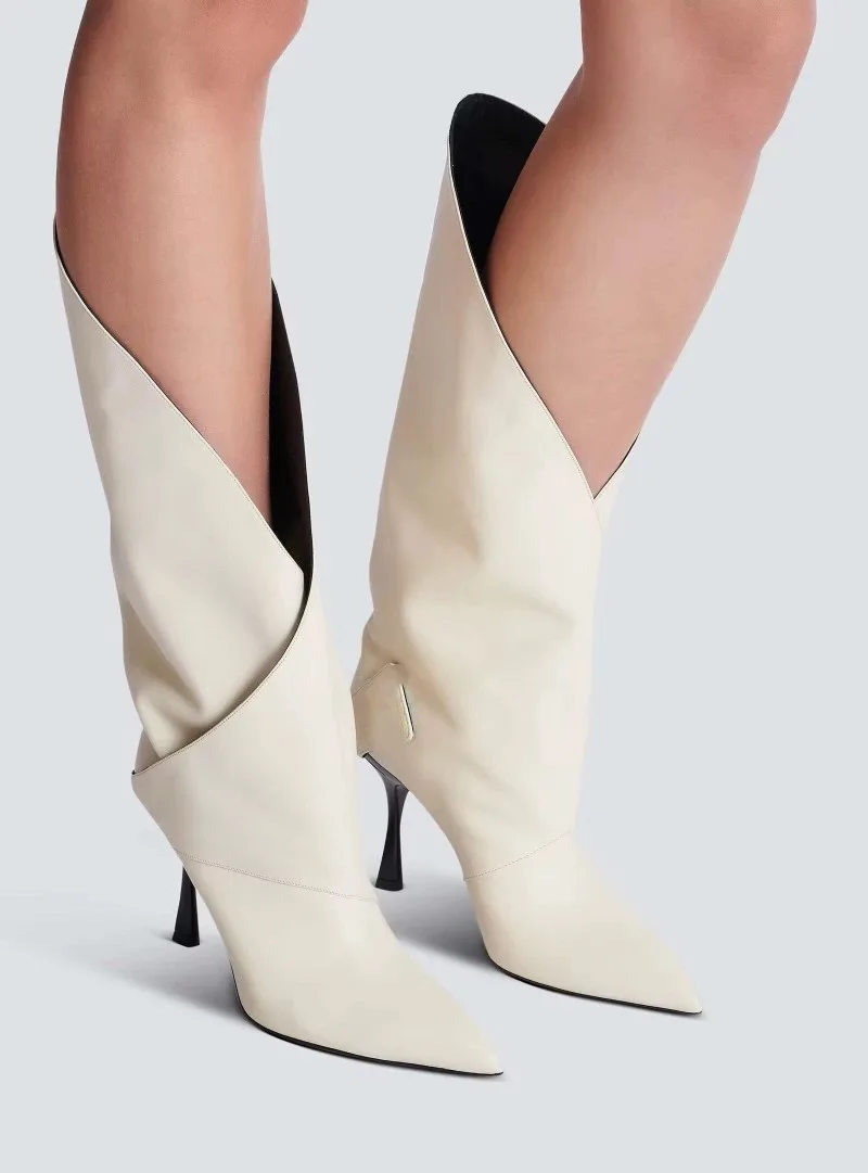 

Women's Cream White Knee High Boots Asymmetrical Cutout Design Pointed Toe Stiletto High Heel Fashion Party Evening MId Boots