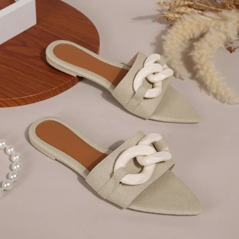 

Pointed Toe Low Rubber Flip Flops Shoes Slippers Flat Slides Hawaiian PU TPR Rome Hoof Heels Fabric Scandals Shoes Woman