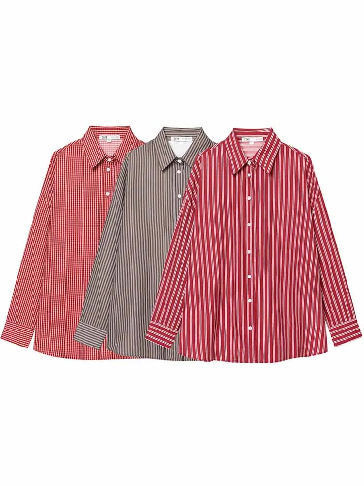 

HH Woman Early Spring Fashion Comfortable Plaid Stripes Loose Long Sleeves Lapel Single Breasted Shirt Female Casual Tops