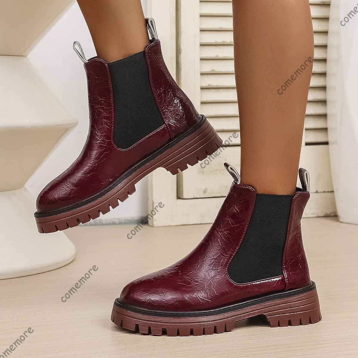 Comemore New Chunky Middle Heel Elegant Women's Ankle Boots Autumn Winter Platform Leather Slip on Solid Short Chelsea Botines