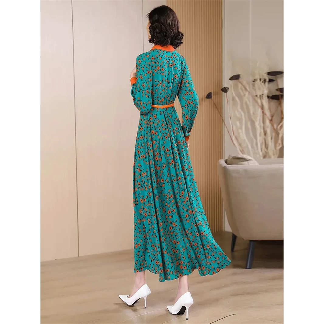 Novedad de verano, vestido floral verde, moda temperamento, ajustado, largo, dulce vestido de gasa, Vestidos estampados de manga larga para primavera para mujer