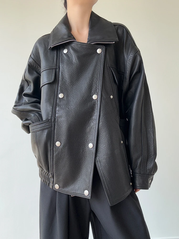 Kurtki motocyklowe damskie ze skóry naturalnej vintage na jesień i zimę 2025, nowe, luksusowe, proste, luźne, typu bubble, z prawdziwej skóry owczej.