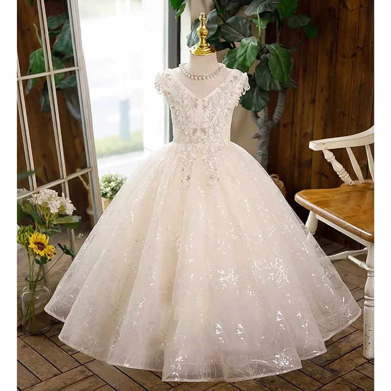 Luxurious Children's Dresse Champagne pearl sequins Beading flower kids Sleeveless Long wedding Ball Birthday party Girl Dress