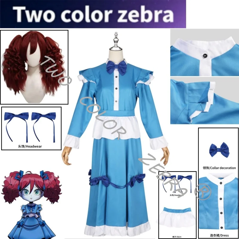 

Poppy Game Time The Poppy Cosplay Costume Blue Maid Dress Red Wig Women's Victorian Bow Details Headress Set Gilr Roleplay