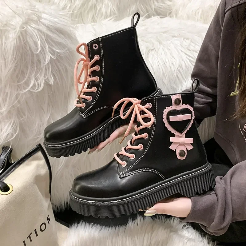 2024 new sweet cool ankle boots bow cross strap sweet  platform shoes girl boots Spice JK Pink patent leather biker boots Lolita