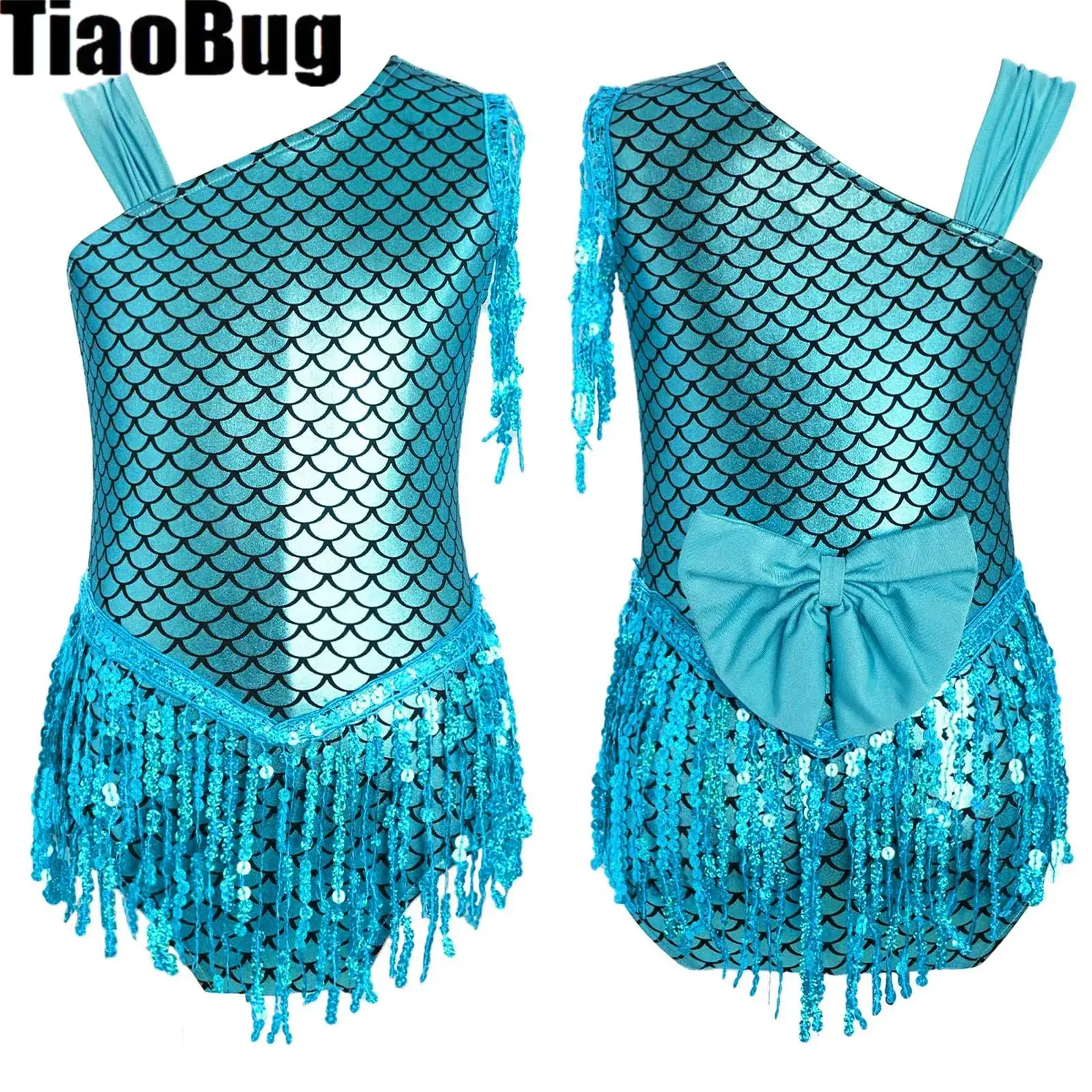 

Kids Girls Metallic Dance Leotard Bowknot Back Sparkly Sequins Tassels Bodysuit for Halloween Theme Party Performance