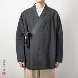 Men's Chinese Style Linen Cardigan Jacket Loose Black Kimono Jacket Solid Color Self-Tie Hanfu Traditional Clothing 4Xl