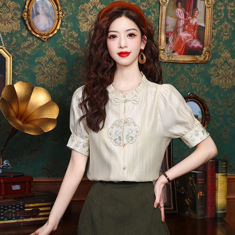 Summer Short Sleeve Stand Collar Women Shirt Embroidery Chiffon Shirt Blouse Women Tops Blusas Mujer De Moda 2024 Verano K116