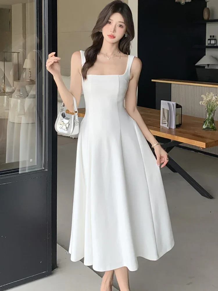 Robe longue sexy à col carré pour femme, robe de soirée élégante, robe de soirée séparés ante de luxe, batterie vintage coréenne, robe éducative d'été, nouveau, blanc, 2024