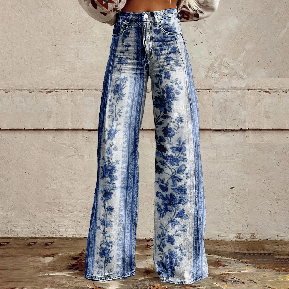 

Retro printed women's trousers, wide legs, casual, sexy, high waist, Bohemian style, streetwear, loose, holiday stockings