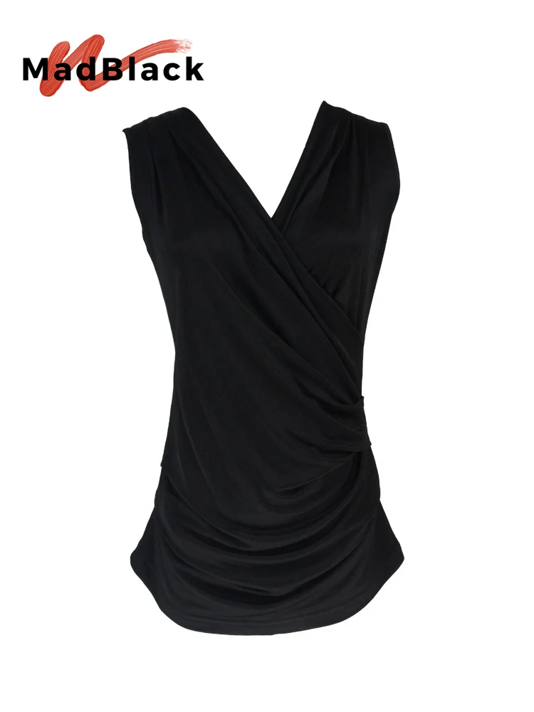 MadBlack-25%Silk 75%Viscose Elegant Knit Vest, V Neck Folds, Women Skin-friendly Thin Slim Tank Tops, 2026 Autumn New T69614CC