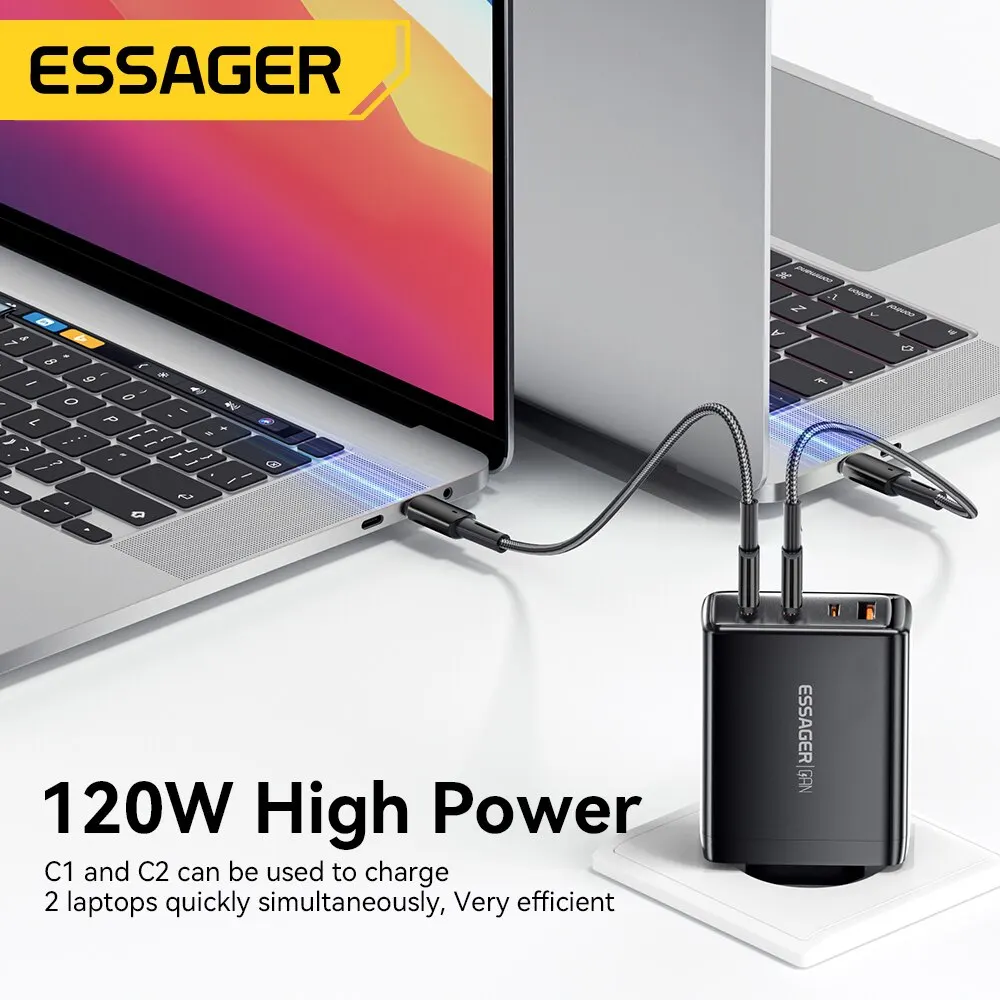 Essager GaN USB Charger 120W USB Type C Chargers PD3.0 QC 4.0 For iPhone 14 13 Pro X Xiaomi Cell Phone Fast Charger For MacBook