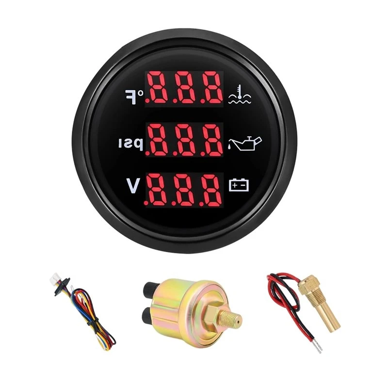 【AC77 Top !! 】AUTO Gauge Triple Set-Water Temp(104° F-248° F), Oil Pressure(0-145PSI), Voltmeter(9-32V) With Built-In Sensors