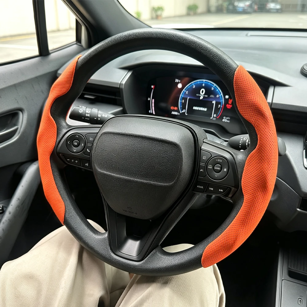 2 Stück Perforierte Leder-Lenkradbezüge, Atmungsaktiv, Rutschfest, Schweißabsorbierend, Universell für Autos, Auto-Zubehör – Detail 10