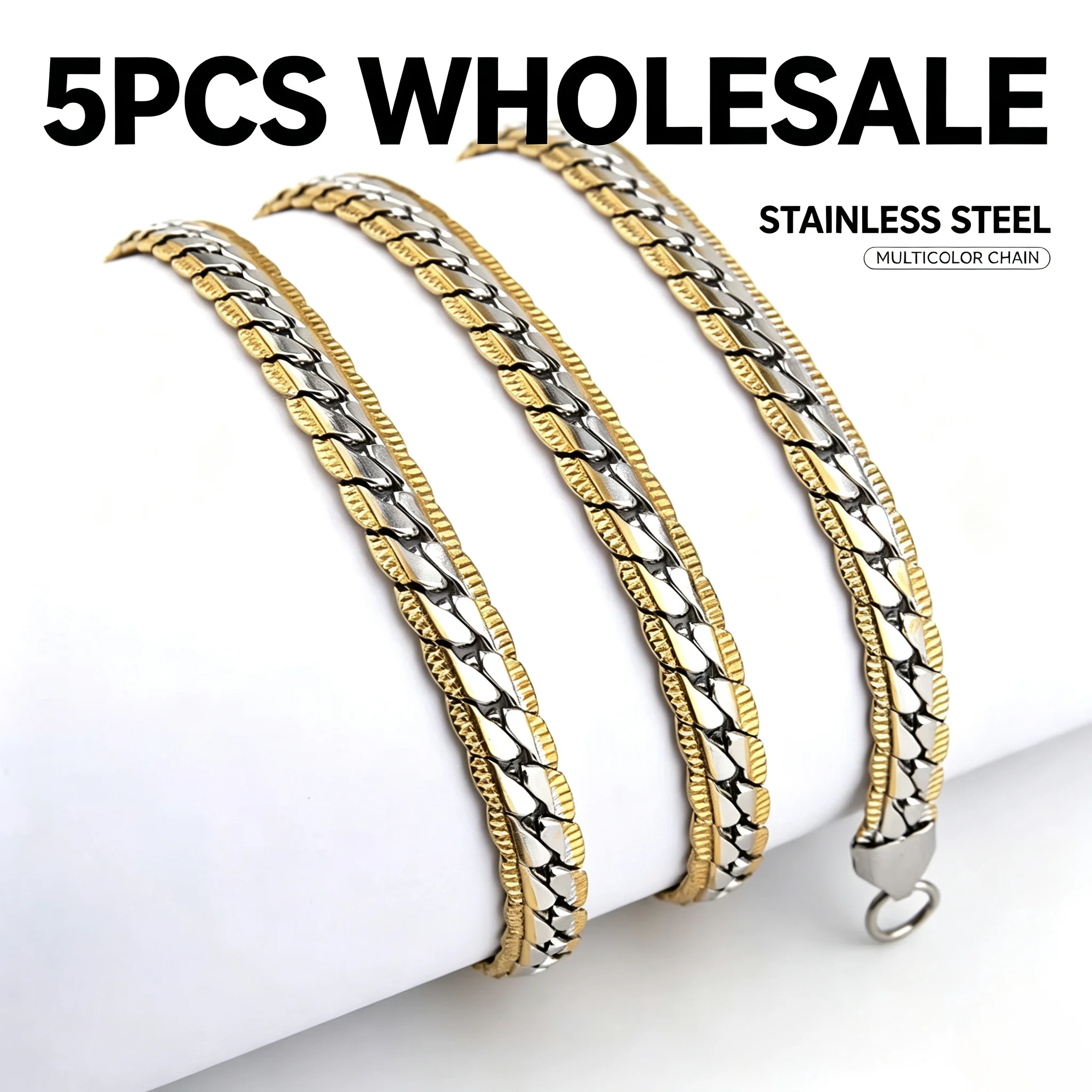 5Pcs Wholesale 316L Stainless Steel 5mm Embossed NK Chain 60cm Two‑Tone Gold Bulk Necklace DIY Jewelry Making Supplies