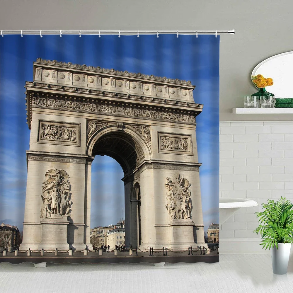 European Style Building City Landscape Shower Curtains Paris Tower London Bridge Bath Screen Waterproof Fabric Bathroom Curtain