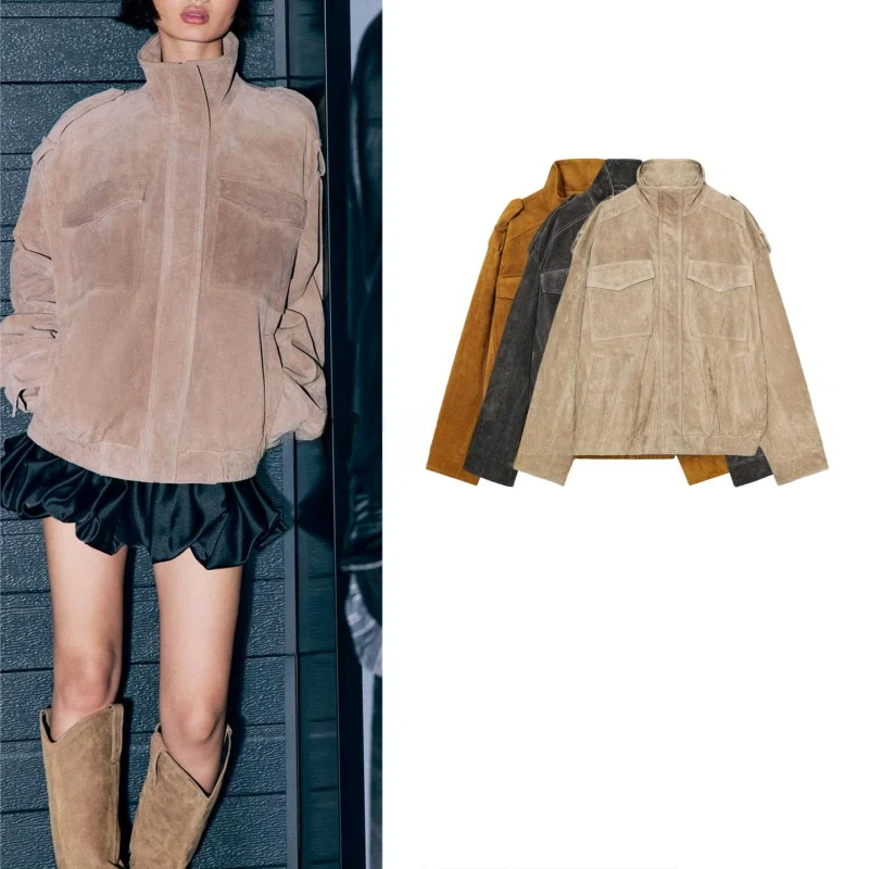 秋の女性用カジュアルスタイルジッパー装飾スタンドカラー長袖フェイクレザージャケットルーズフィットポリエステル生地レディースコート