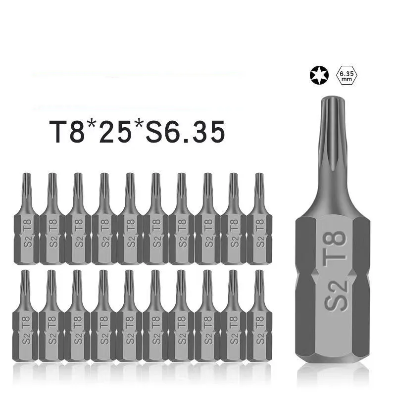 Torx Chave De Fenda Bit Set, Hex Shank, High Torque, 6 Ponto Estrela Cabeça, Não Magnético, Sem Buraco, 25mm Comprimento, 1/4 \