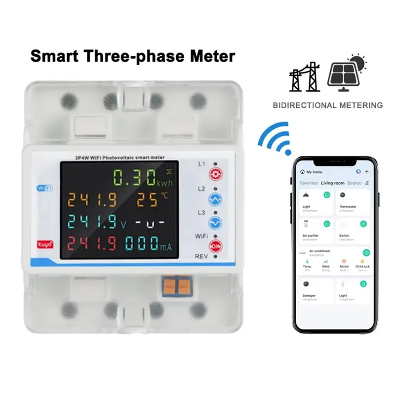 YANA50I Leakage Protection Over Under Voltage Protector Relay Switch 3 Phase Tuya Wifi Smart Bi-Directional Energy Power Kwh Met
