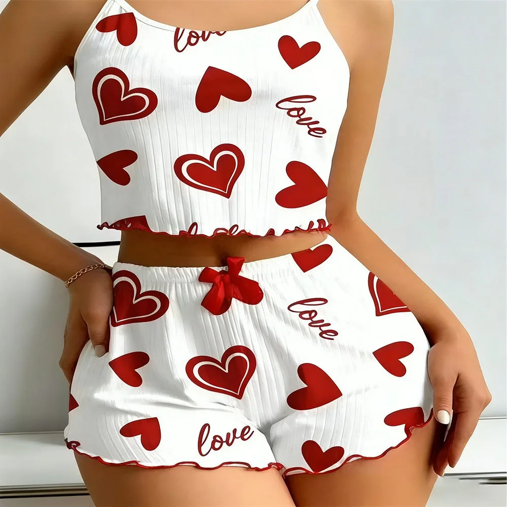 

2Pcs/Set Two-Piece Set Sling Pajama Set Round Neck Backless Camisole Set Breathable Loving-heart Print Homewear for Women