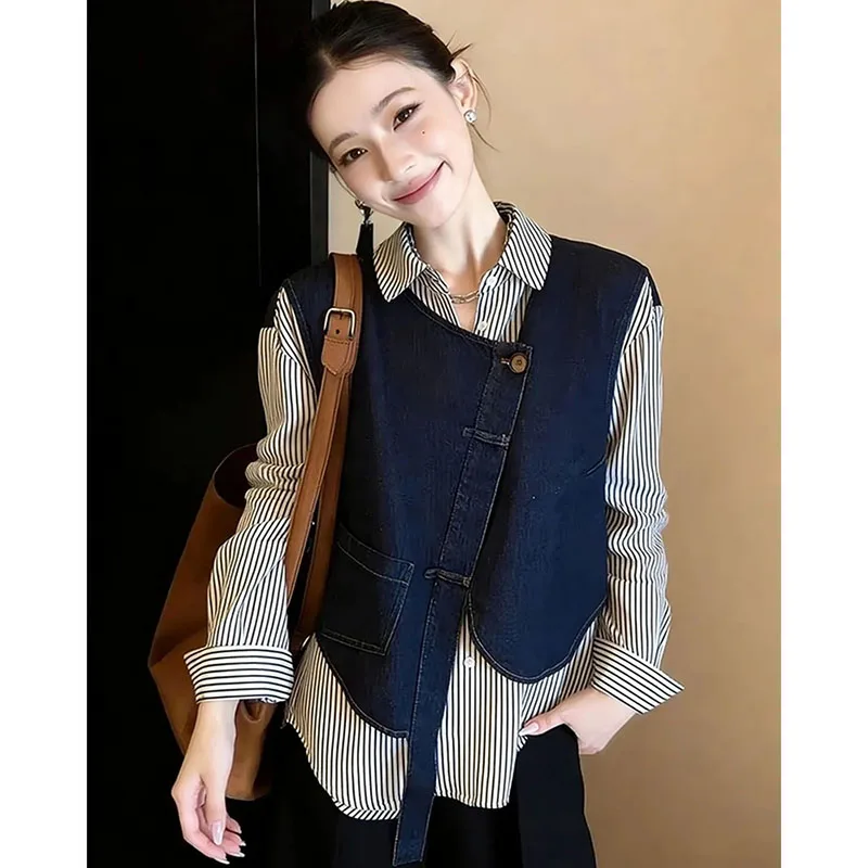 

Female Korean Casual T-Shirt Lady Patchwork Denim Jacket Cardigan Blouse Summer Women Fashion Chic Fake Two Piece Cowboys Shirts
