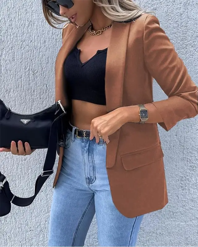 Open Front Shawl Lapel Blazer Women 3/4 Roll‑Up Sleeve Pocket Slim Casual Office Suit Jacket