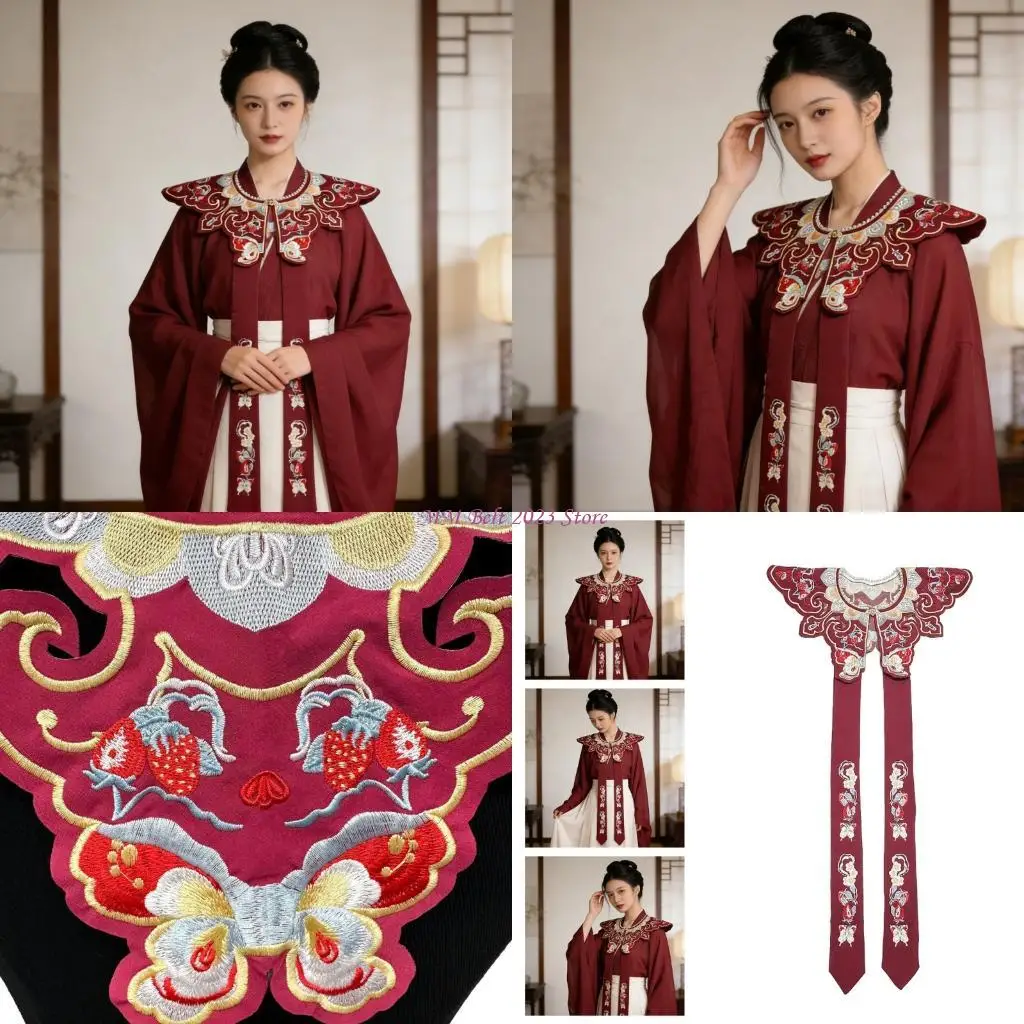 

49ME Lightweight Polyester Cloud Scarf With Artistic Embroidery Detail Faux Collar