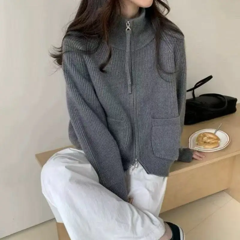 

OCEANLOVE Cardigans Turtleneck Zipper Korean Fashion Autumn Winter Woman Sweaters Vintage Thick Warm Loose Sueter Mujer