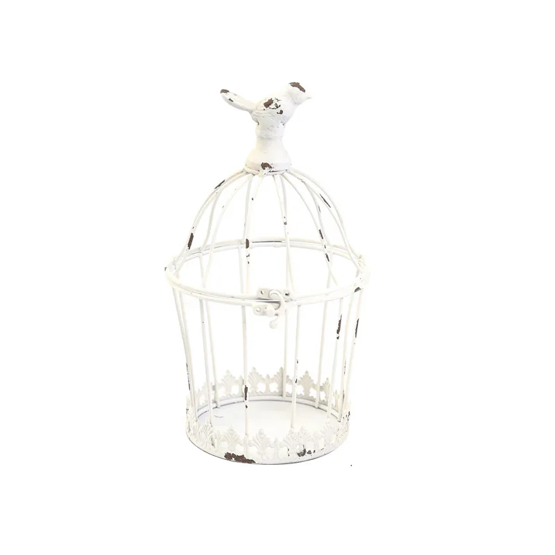 

French Country Distressed White Metal Birdcage Decor with Iris Border, Vintage Iron Plant Display for Garden Patio Table