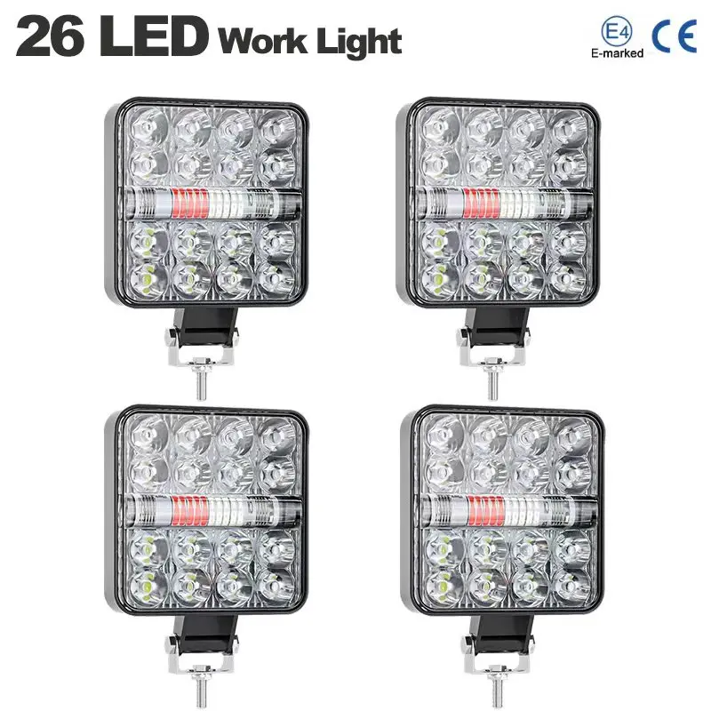 26LEDs Fog Light Red Blue Flash LED Work Light 9-30V Square Offroad Driving SpotLight for Truck Tractor Trailer Excavator Pickup