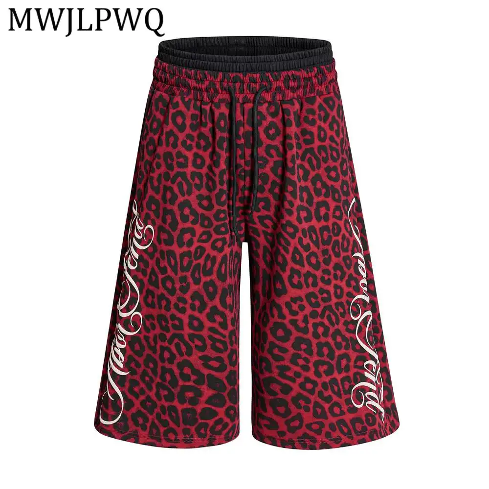 MWJLPWQ American Retro Leopard Print Loose Summer Men's Shorts Vibe Fake Two-Piece Double Waistband Unique Straight Pants 17180