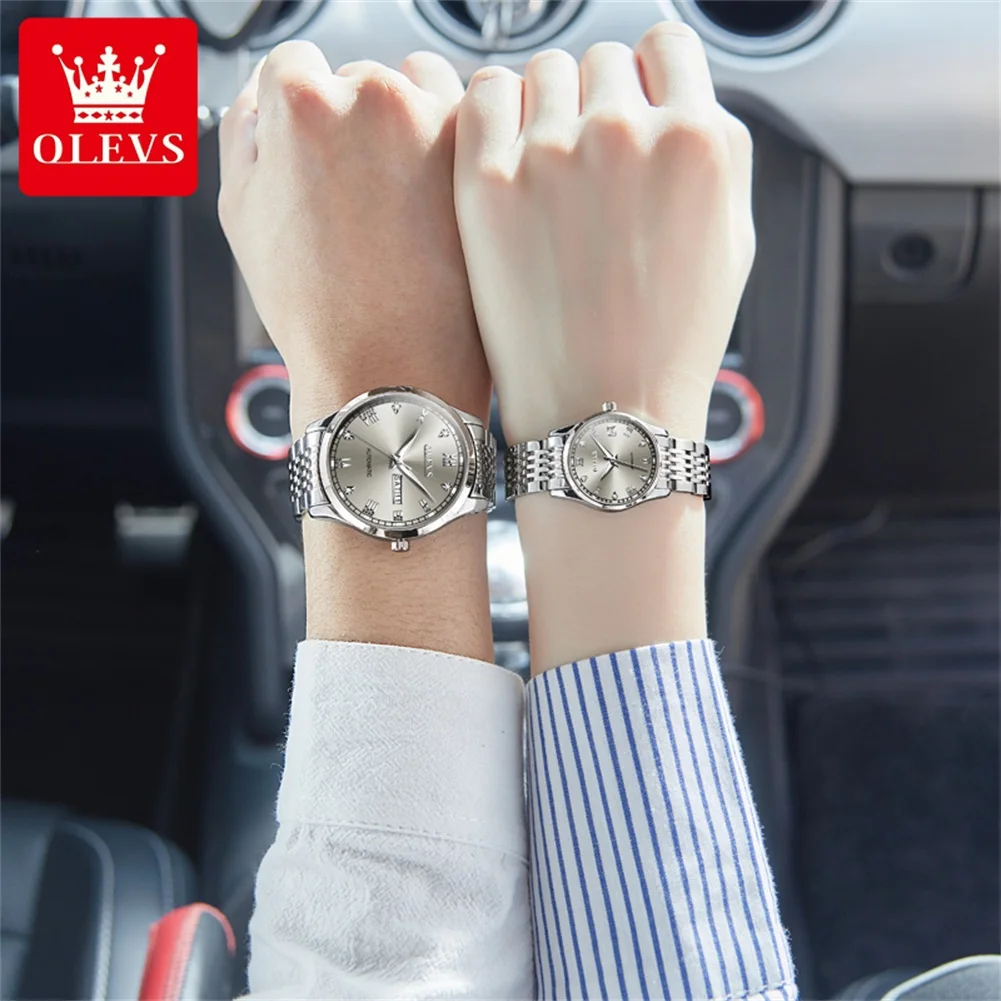 OLEVS Par de relojes automáticos para hombres y mujeres, relojes para él y para ella, conjunto de regalos, Tourbillon mecánico de cuerda automática, cara grande