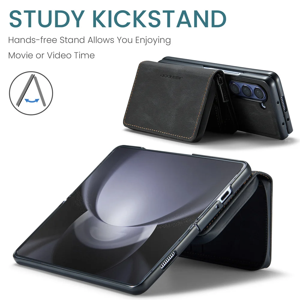 JEEHOOD Luxury Detachable Zipper Purse Wallet Case for Samsung Galaxy Z Fold 5 Magnetic Leather Card Bag Business Folding Cover