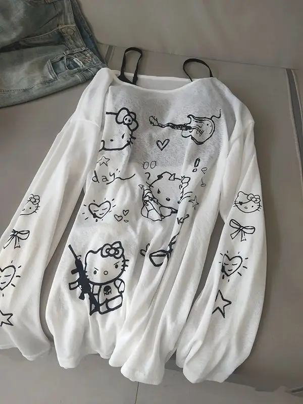

Hello Kitty Women's 2025 Round Neck UV Protection Cover Up Long Sleeve T-Shirt Summer Kawaii Loose Fit Casual Oversized Top