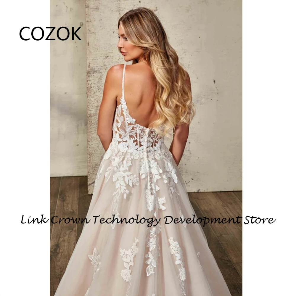 COZOK Spaghetti Straps Champagne Wedding Dresses with Lace 2024 Summer Sleeveless Bridal Gowns New Sleeveless Vestidos De Novia