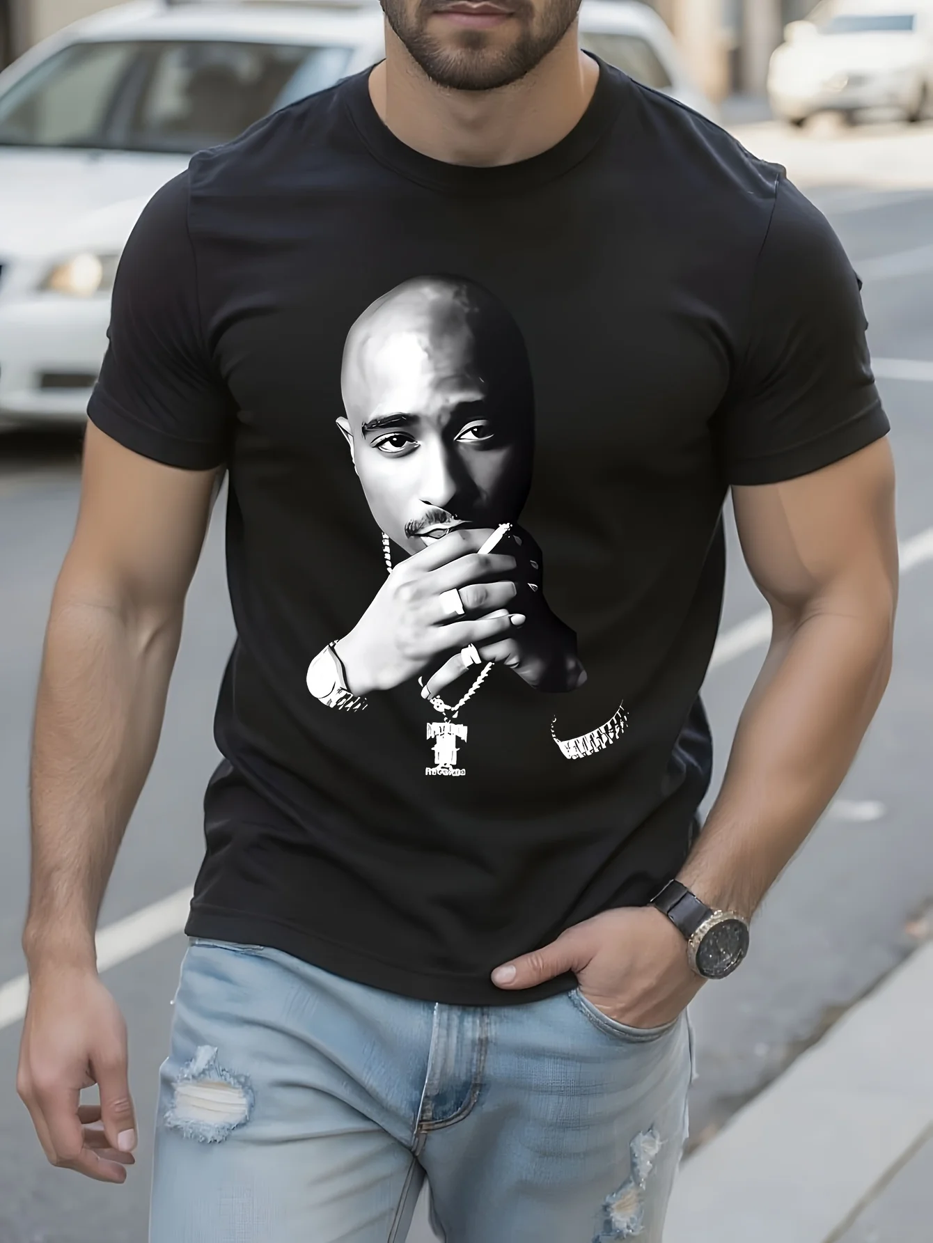 

2Pac Face Tupac Shakur 2 Pac Рэперская футболка из 100% хлопка с круглым вырезом Летняя повседневная мужская футболка с короткими рукавами Размер S-3XL # цвет: Черный,