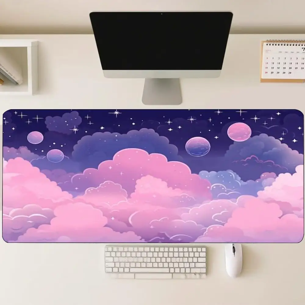 Dreamy Pastel Cloud Moon Star Sky Large Desk Mouse Pad Non Slip Rubber Keyboard Mat Desktop Decor For Office Laptop Gaming Setup