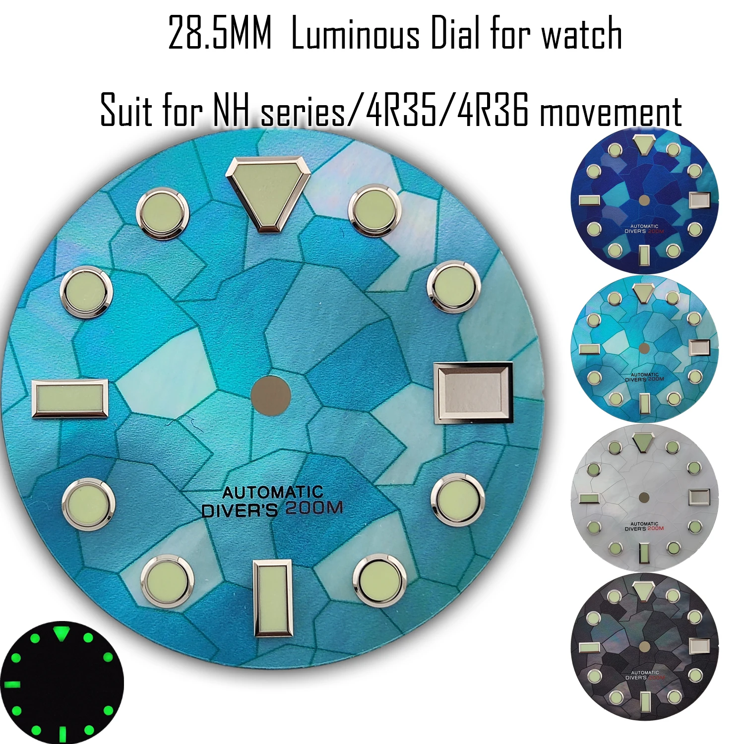 

Циферблат 28,5 мм NH35, циферблат 4R35, перламутровый циферблат, светящиеся индексы, аксессуары для часов, настраиваемый оптовый циферблат для часов