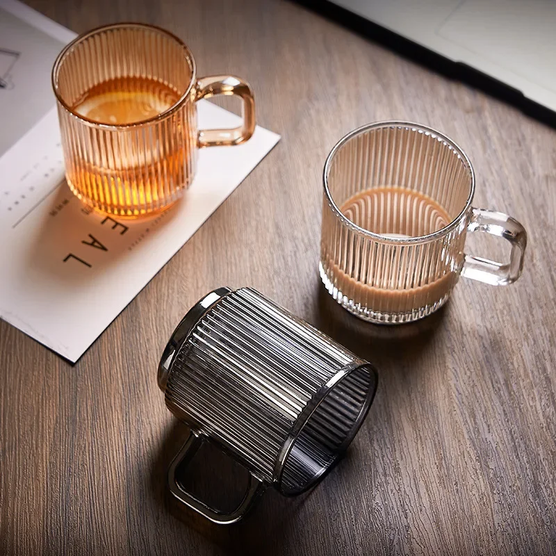 Japanese-Style Vertical Stripes Glass Cup with Handle, Milk Mug, Juice Cup, Coffee Cup, Bamboo Wood Cover, Kawaii Bar Glassware