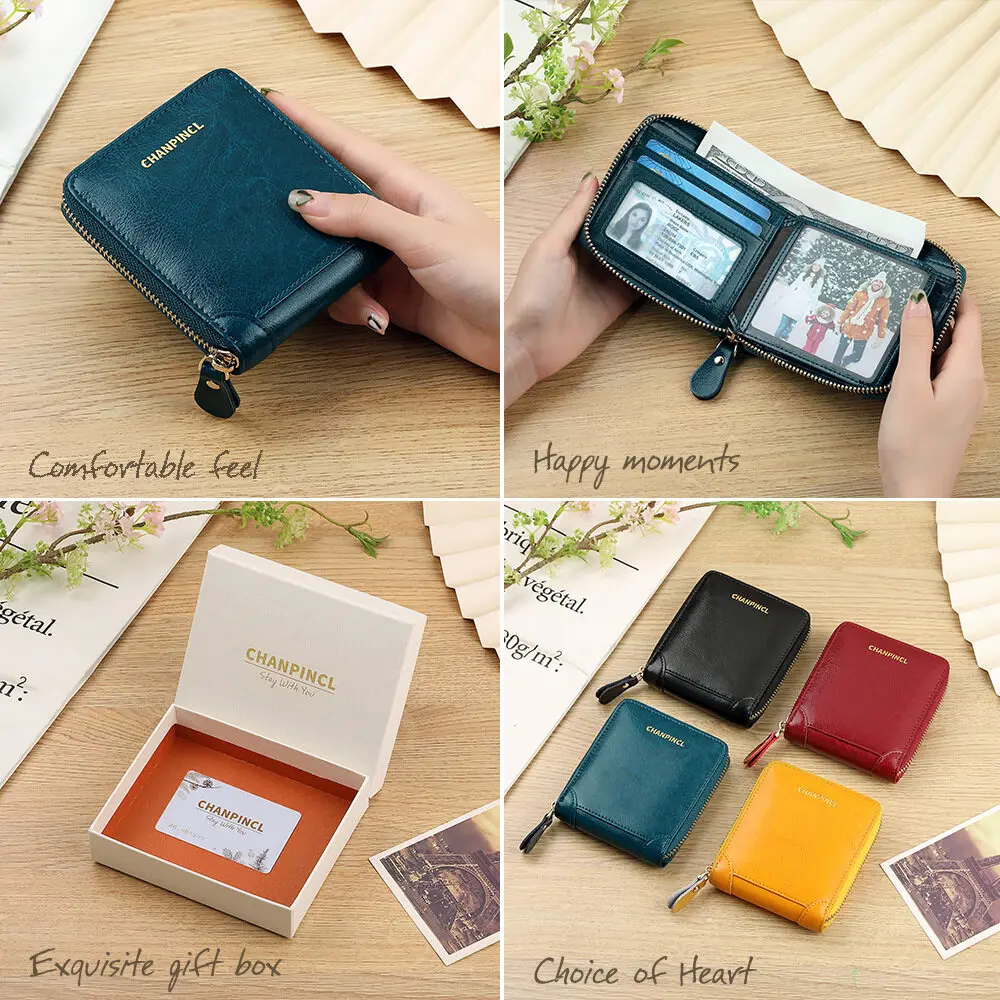 【Genuine Cow Leather】CHANPINCL Women's Short Luxury Wallet Coin Pocket Zipper Multi-Functional Original Leather Fashion